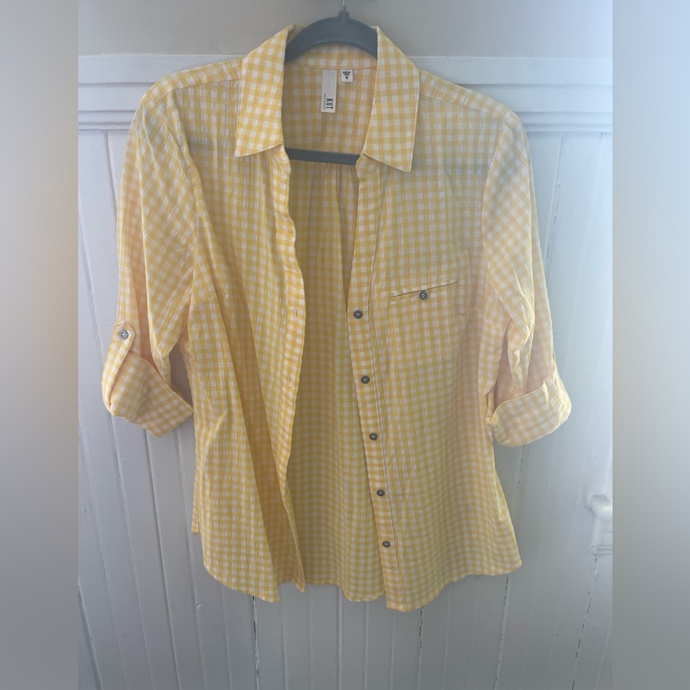 Kut, like new, women’s size med yellow and white button up shirt